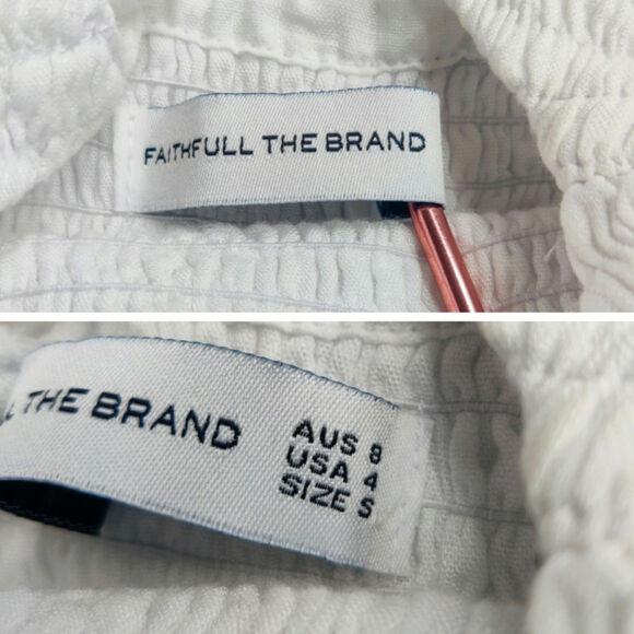 Faithfull the Brand Savita Smocked Linen Puff Sleeve Open Back Top White Small - Picture 10 of 14